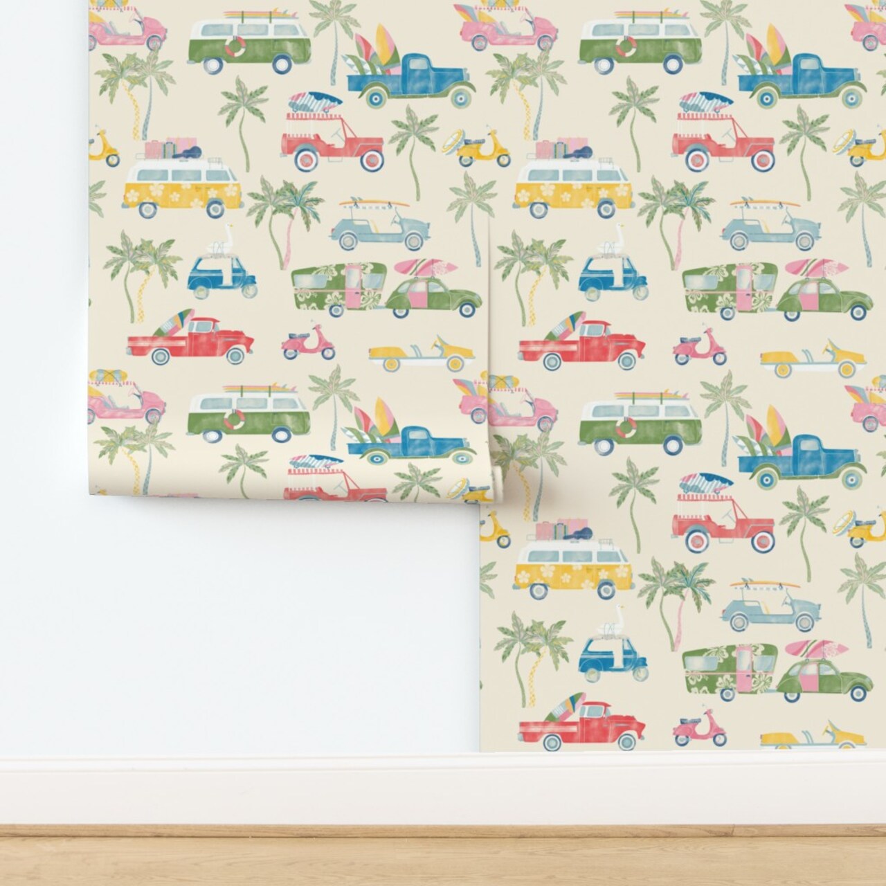 Beach Cruisers Surf Cars Surfing Palm Trees Retro Custom Removable Wallpaper by Spoonflower Peel & Stick Wallpaper 2FT Wide